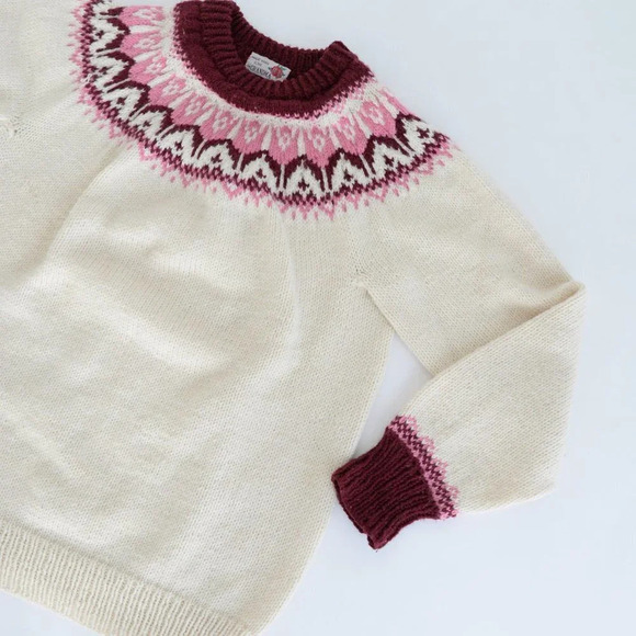 Vintage Handmade Grandma Cream Knit Pink Fair Isle Icelandic Fisherman Sweater M - Picture 5 of 13